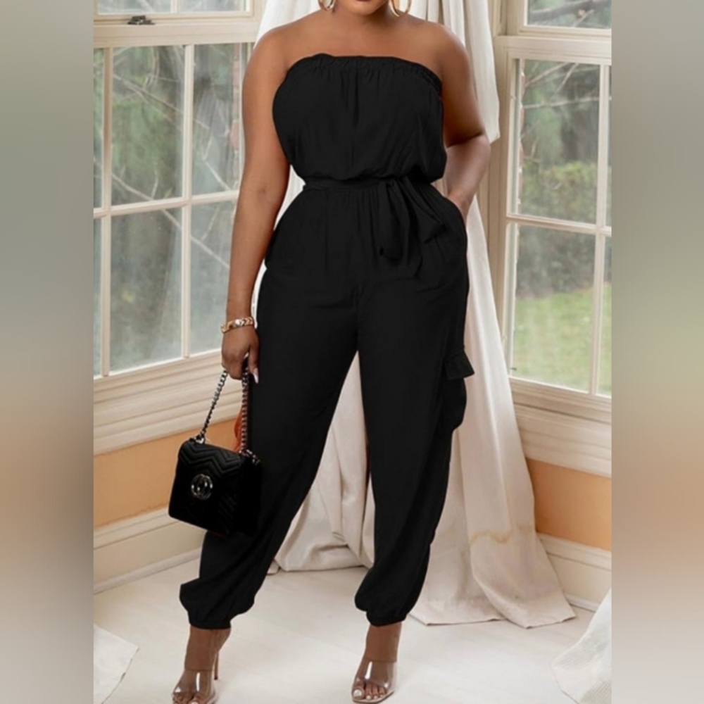 Women's Pullover Strapless Sleeveless Tube Joggers Backless Belted Jumpsuit